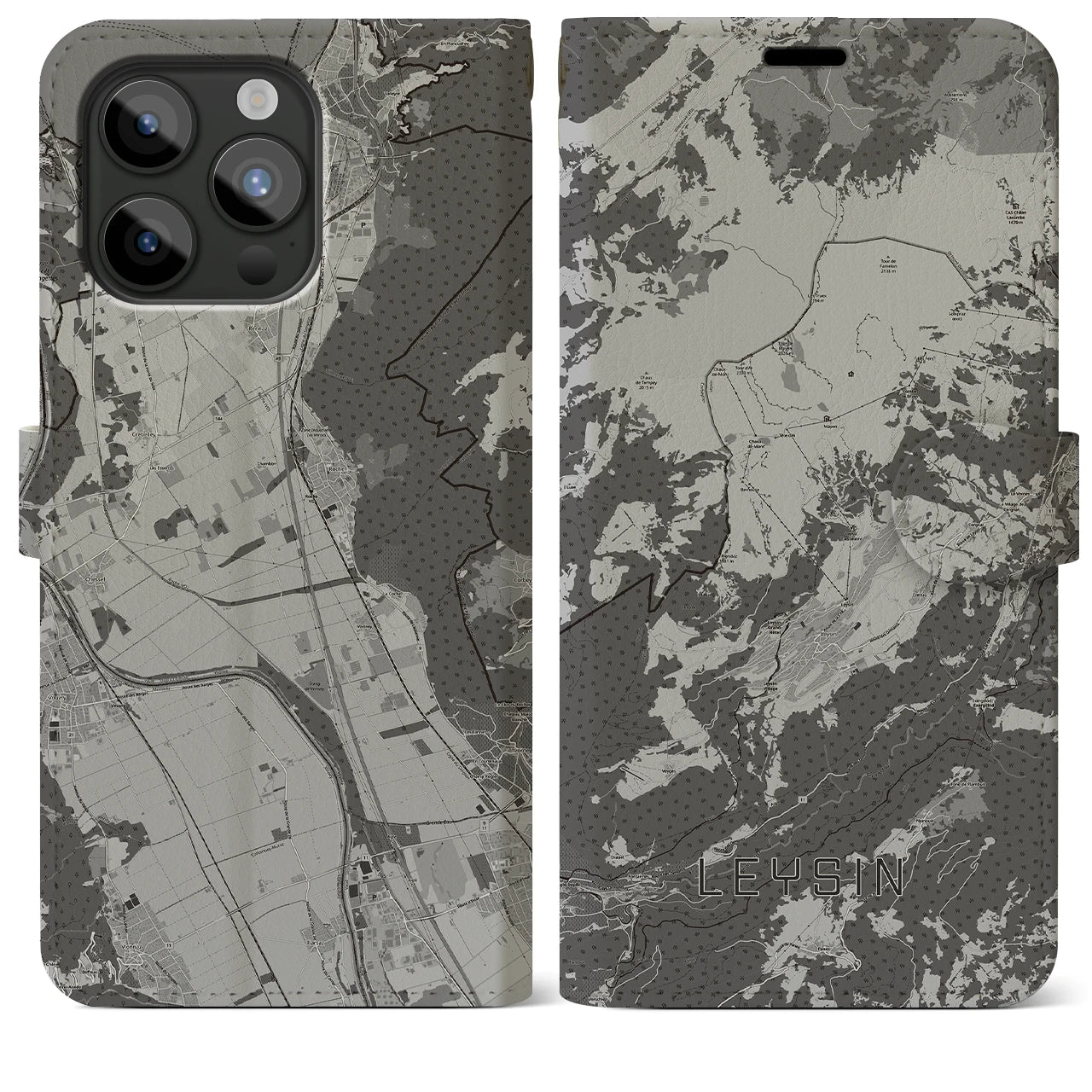 【レザン(スイス)】地図柄iPhoneケース(手帳タイプ)モノトーン・iPhone 15 Pro Max 用
