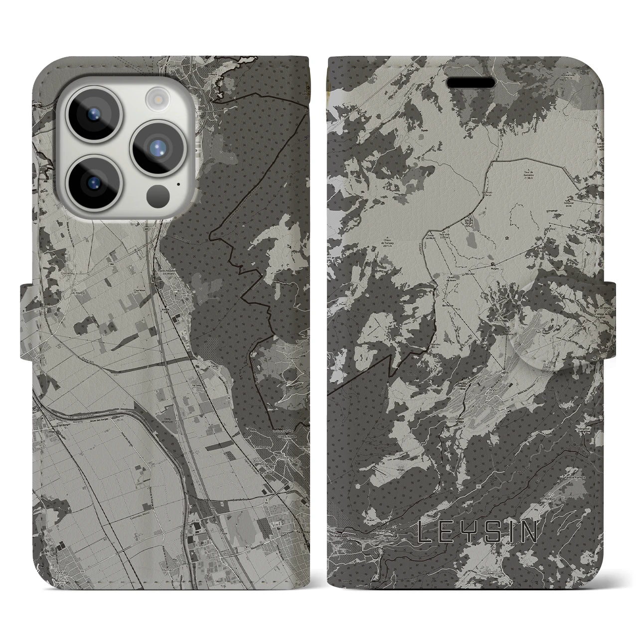 【レザン(スイス)】地図柄iPhoneケース(手帳タイプ)モノトーン・iPhone 15 Pro 用