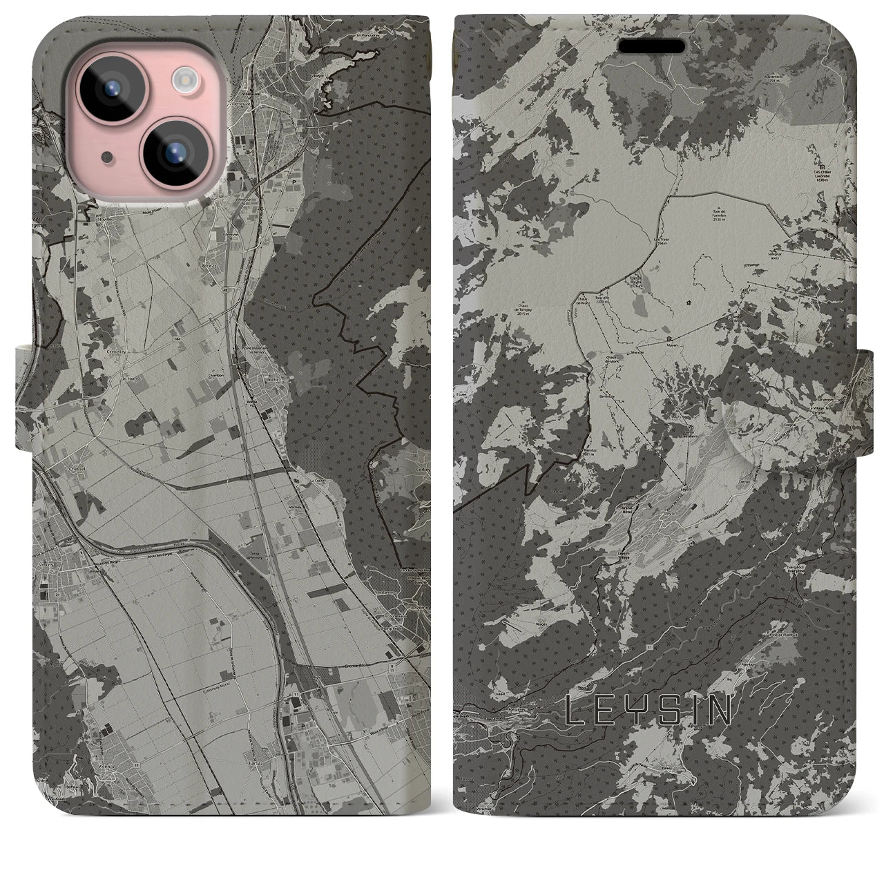 【レザン(スイス)】地図柄iPhoneケース(手帳タイプ)モノトーン・iPhone 15 Plus 用