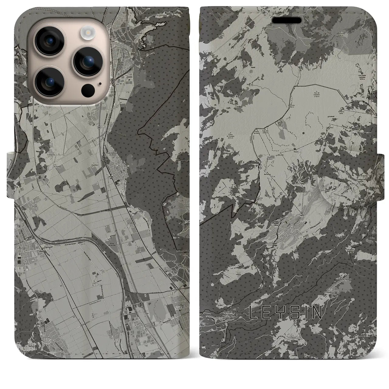 【レザン(スイス)】地図柄iPhoneケース(手帳タイプ)モノトーン・iPhone 16 Plus 用