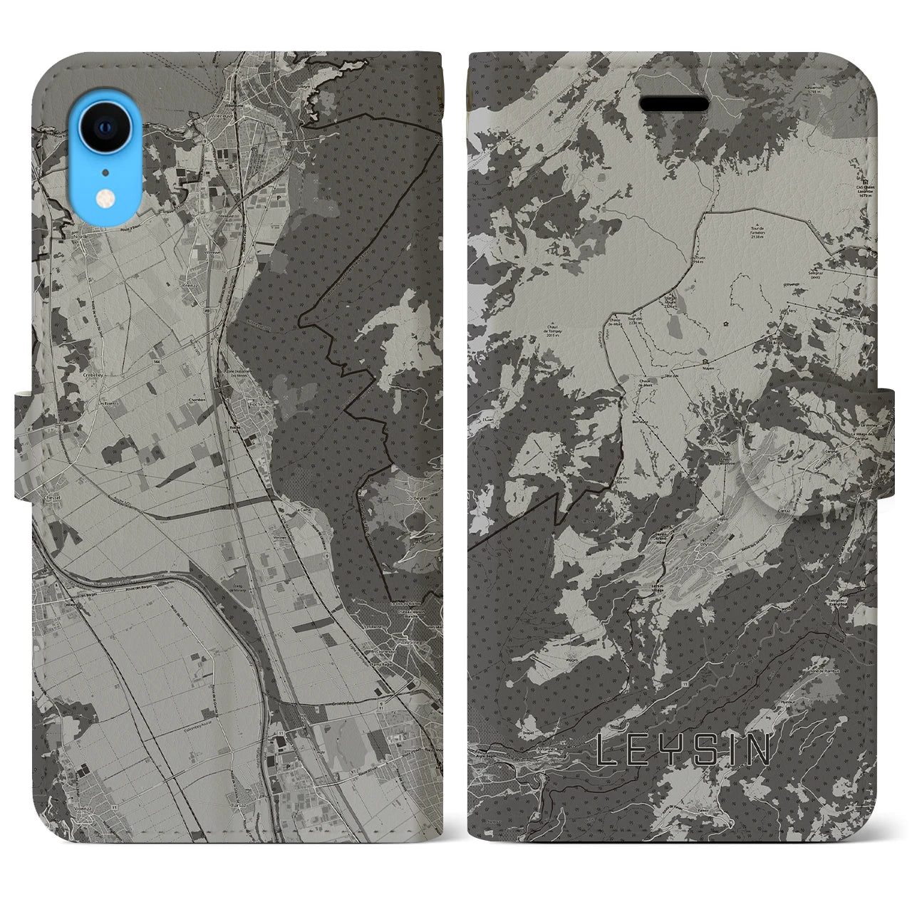 【レザン(スイス)】地図柄iPhoneケース(手帳タイプ)モノトーン・iPhone XR 用