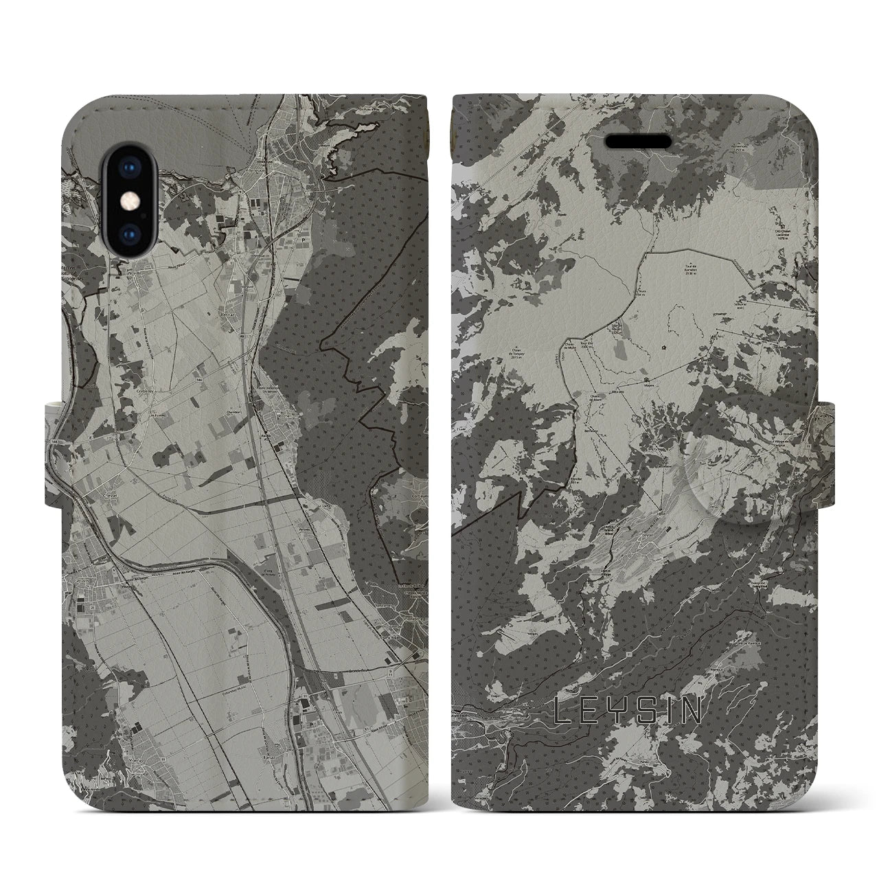 【レザン(スイス)】地図柄iPhoneケース(手帳タイプ)モノトーン・iPhone XS / X 用