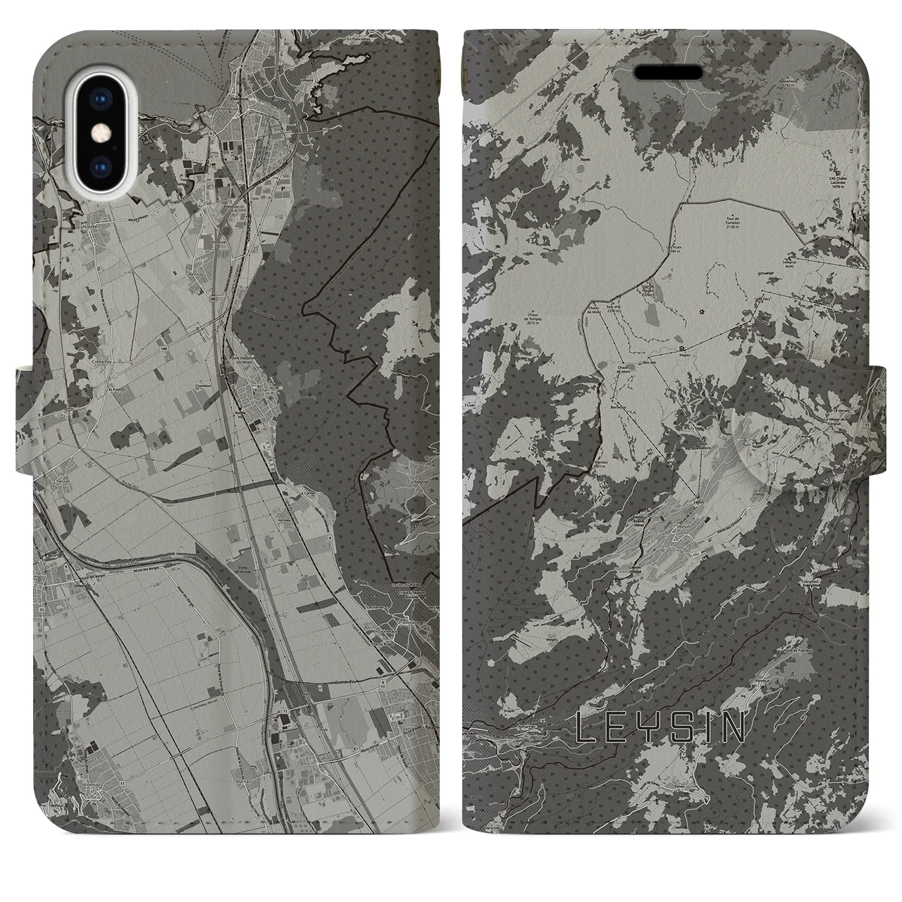 【レザン(スイス)】地図柄iPhoneケース(手帳タイプ)モノトーン・iPhone XS Max 用