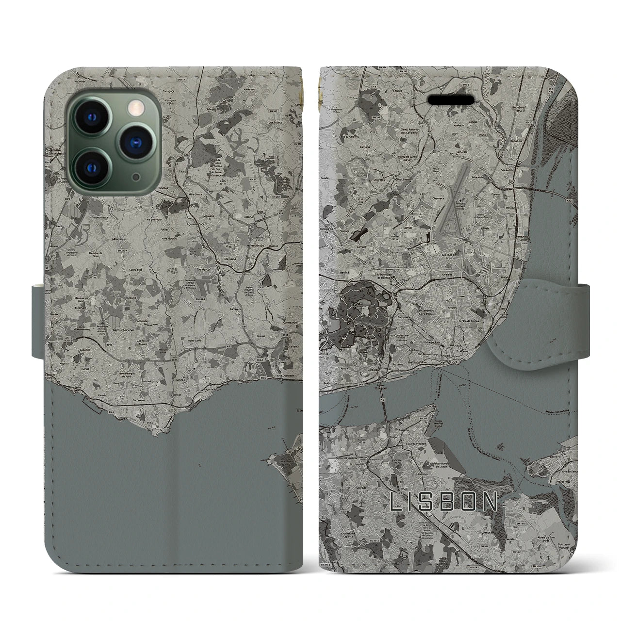 【リスボン(ポルトガル)】地図柄iPhoneケース(手帳タイプ)モノトーン・iPhone 11 Pro 用