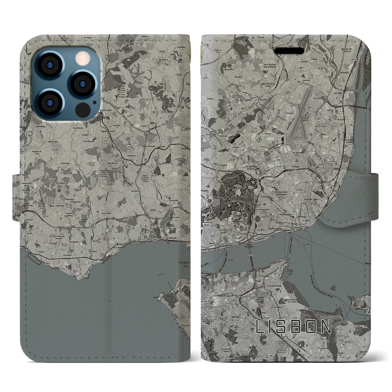 【リスボン(ポルトガル)】地図柄iPhoneケース(手帳タイプ)モノトーン・iPhone 12 / 12 Pro 用