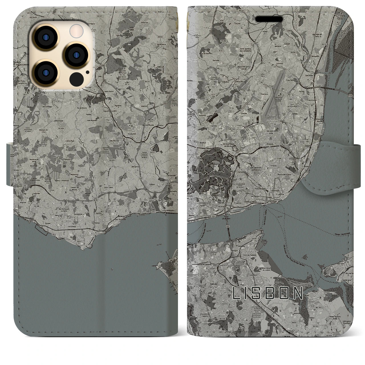 【リスボン(ポルトガル)】地図柄iPhoneケース(手帳タイプ)モノトーン・iPhone 12 Pro Max 用
