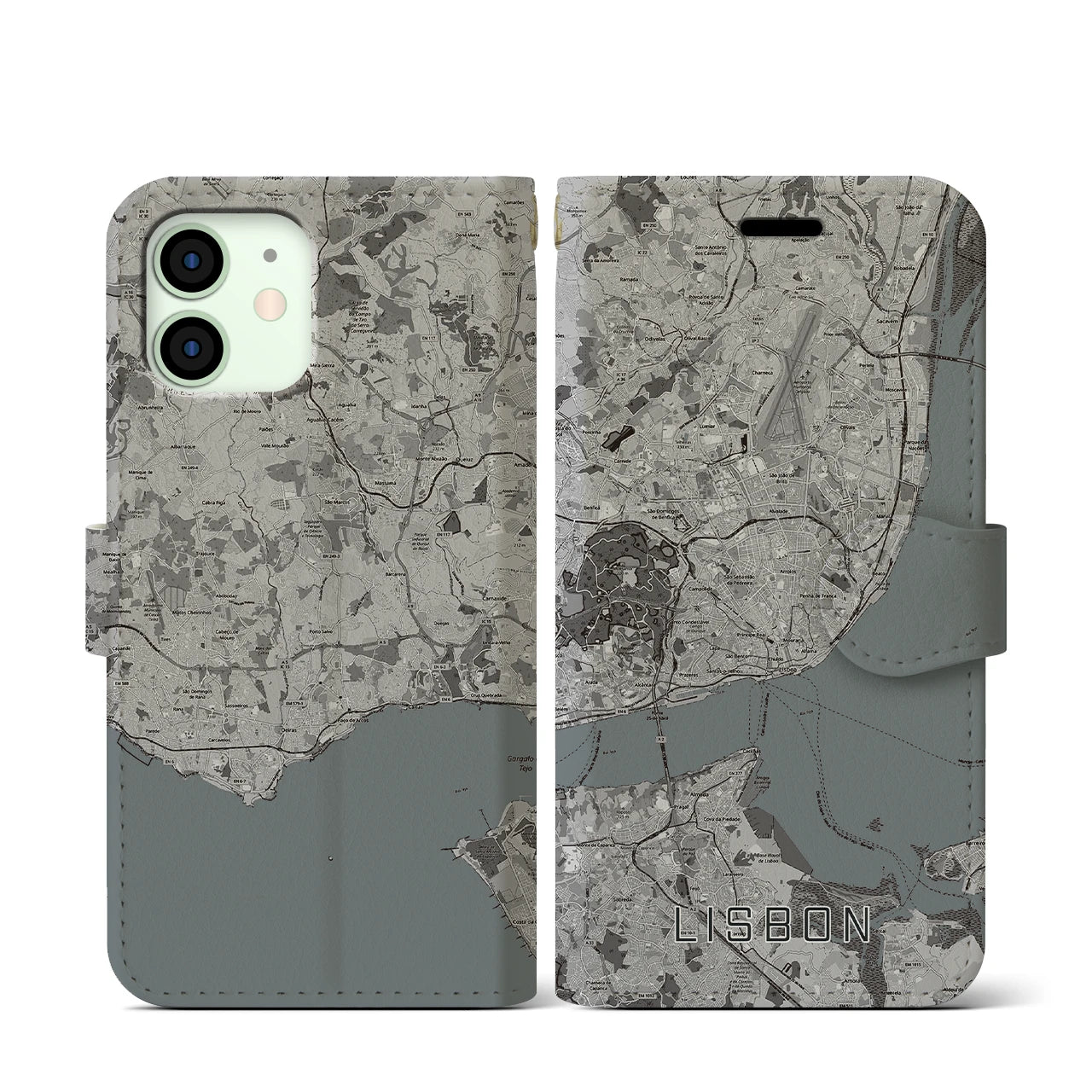 【リスボン(ポルトガル)】地図柄iPhoneケース(手帳タイプ)モノトーン・iPhone 12 mini 用