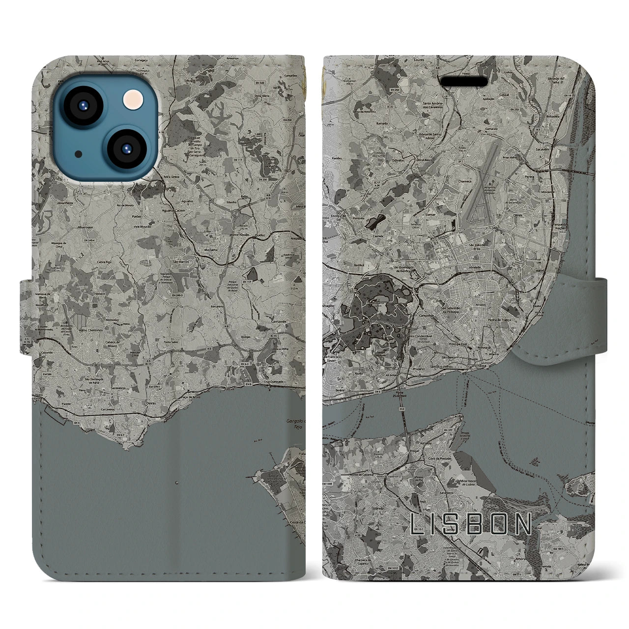 【リスボン(ポルトガル)】地図柄iPhoneケース(手帳タイプ)モノトーン・iPhone 13 用