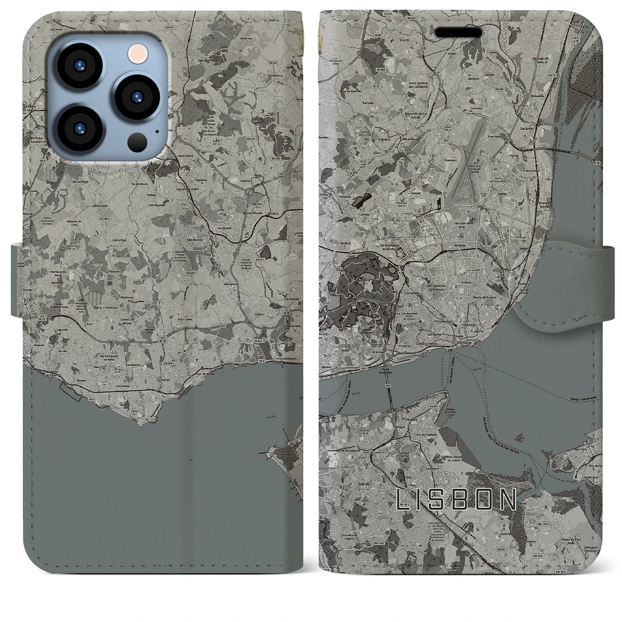 【リスボン(ポルトガル)】地図柄iPhoneケース(手帳タイプ)モノトーン・iPhone 13 Pro Max 用