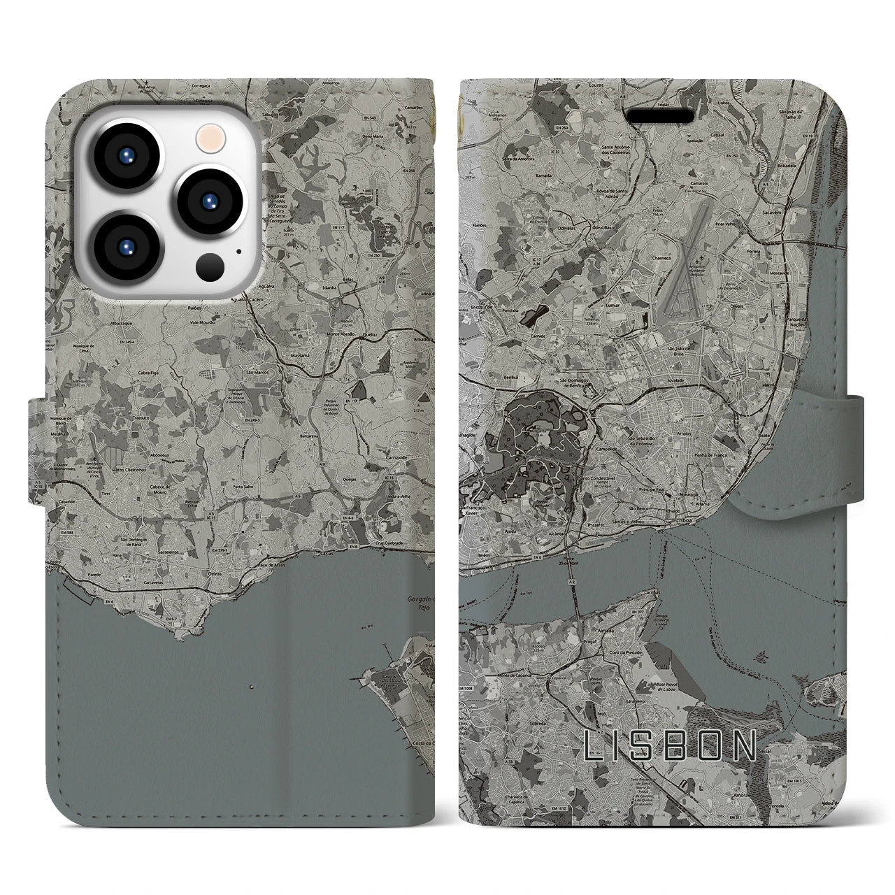 【リスボン(ポルトガル)】地図柄iPhoneケース(手帳タイプ)モノトーン・iPhone 13 Pro 用