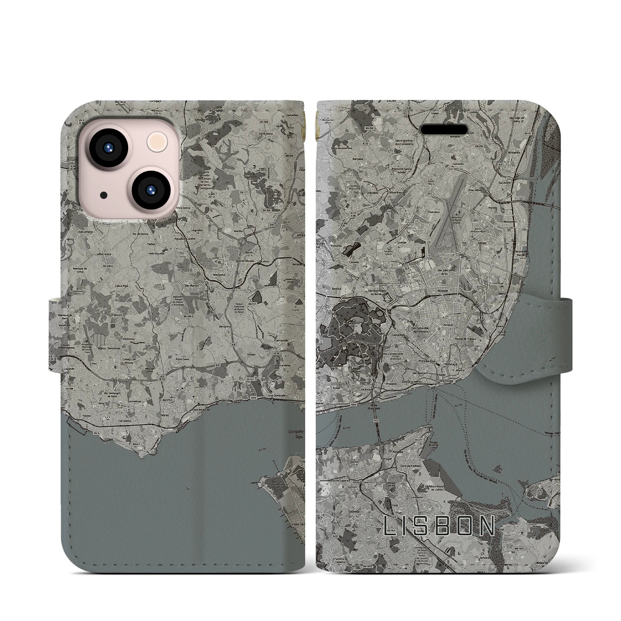 【リスボン(ポルトガル)】地図柄iPhoneケース(手帳タイプ)モノトーン・iPhone 13 mini 用