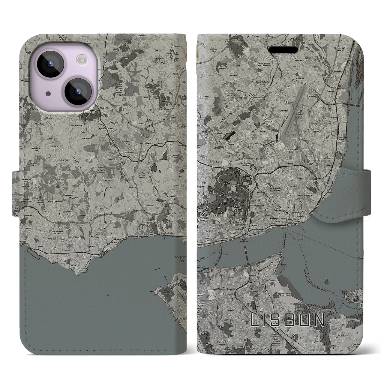 【リスボン(ポルトガル)】地図柄iPhoneケース(手帳タイプ)モノトーン・iPhone 14 用