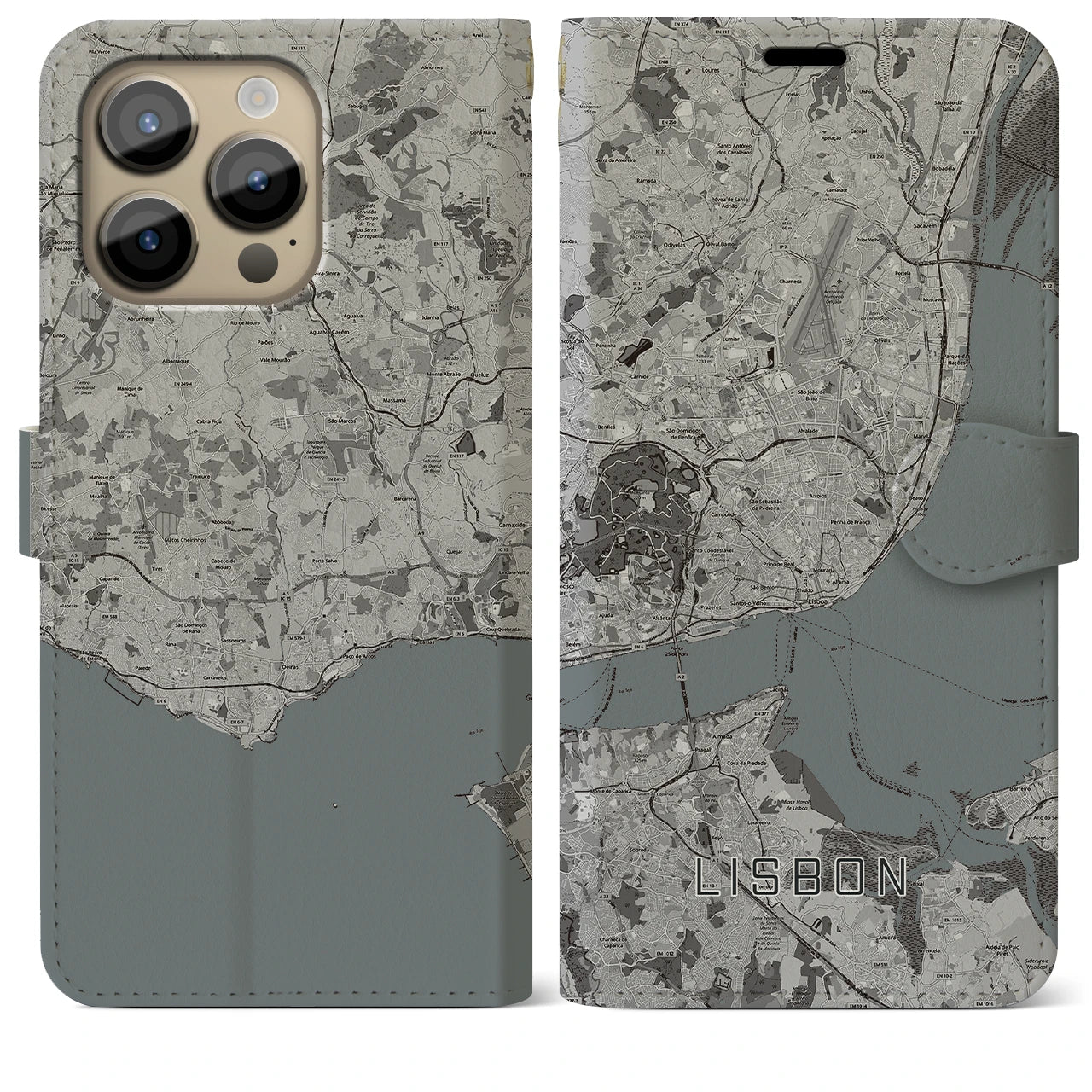 【リスボン(ポルトガル)】地図柄iPhoneケース(手帳タイプ)モノトーン・iPhone 14 Pro Max 用