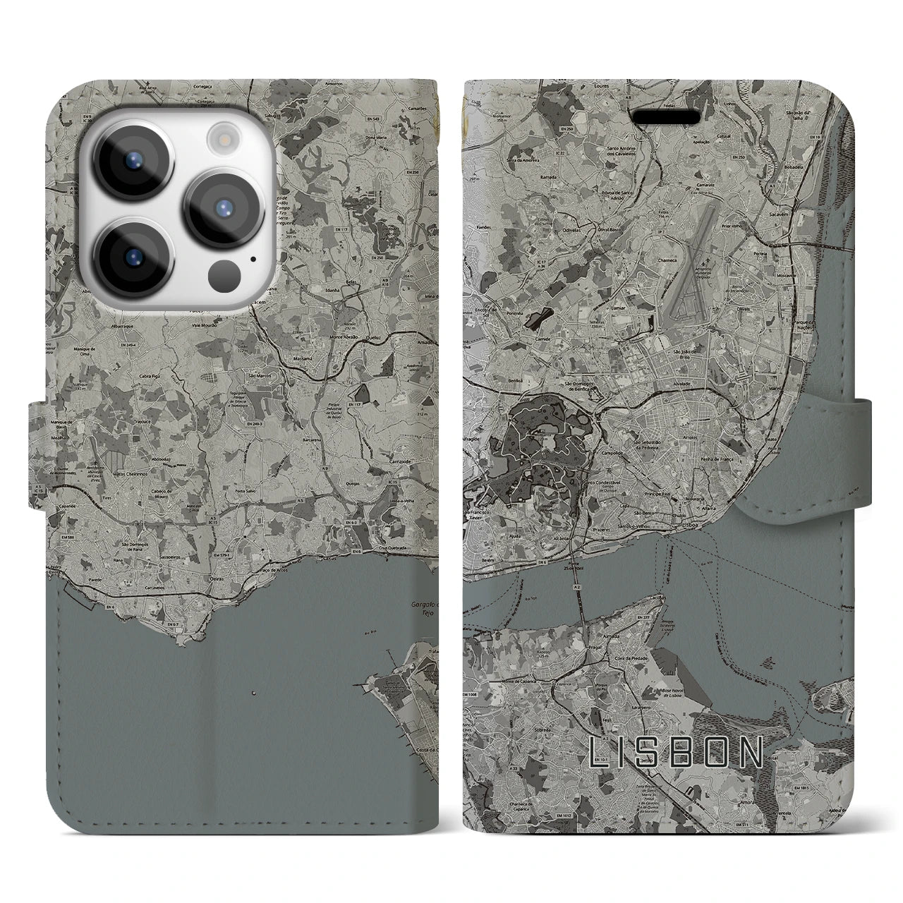 【リスボン(ポルトガル)】地図柄iPhoneケース(手帳タイプ)モノトーン・iPhone 14 Pro 用