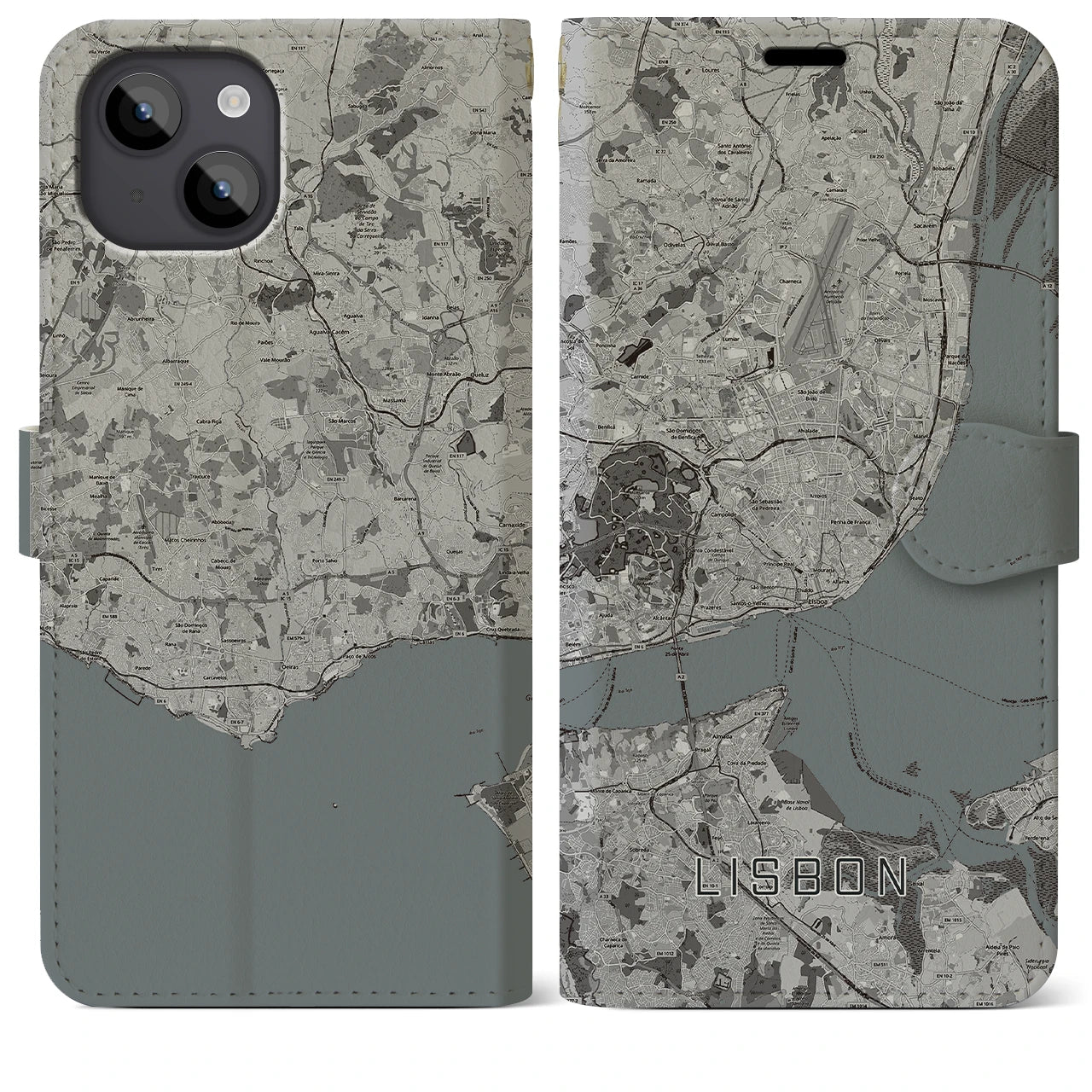 【リスボン(ポルトガル)】地図柄iPhoneケース(手帳タイプ)モノトーン・iPhone 14 Plus 用