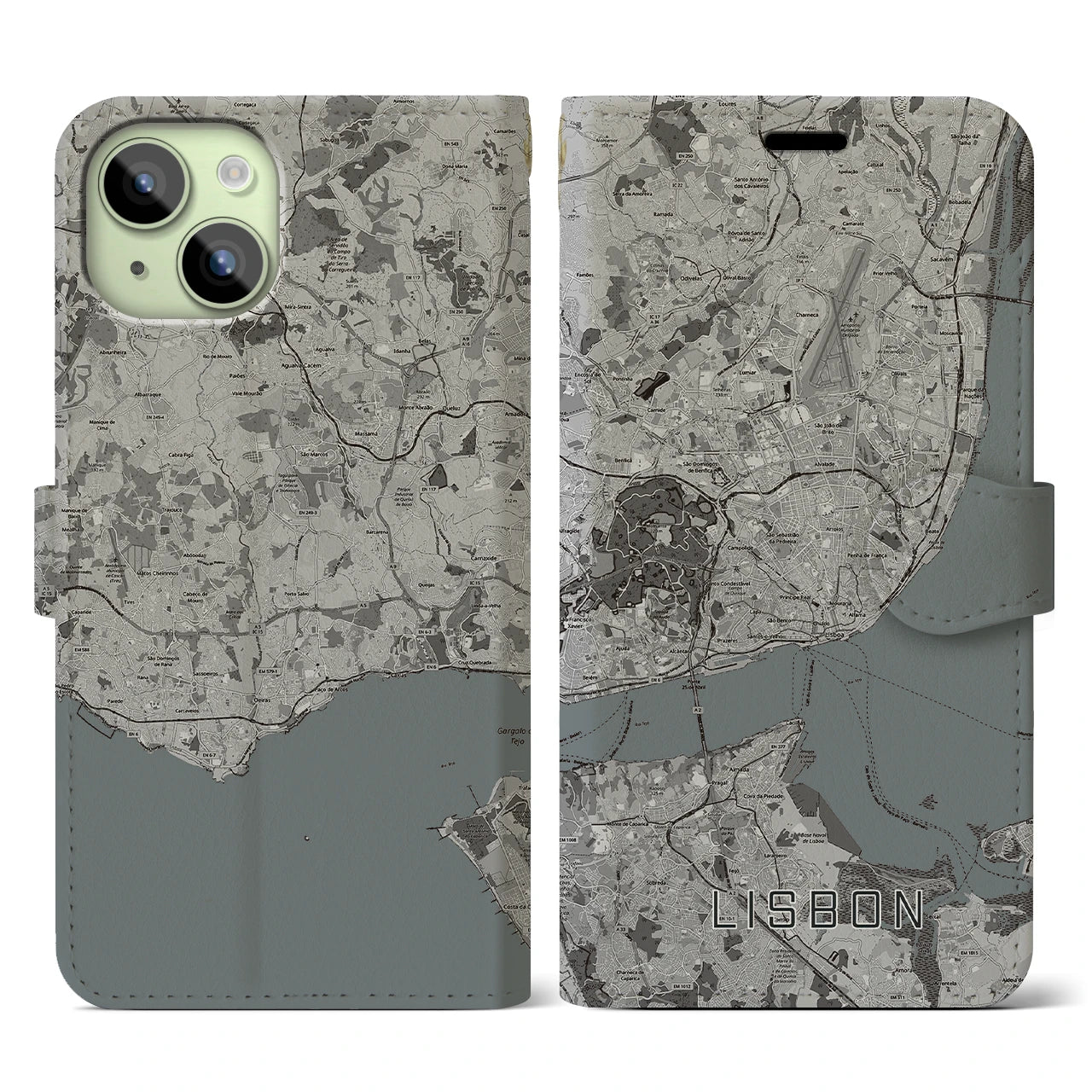 【リスボン(ポルトガル)】地図柄iPhoneケース(手帳タイプ)モノトーン・iPhone 15 用