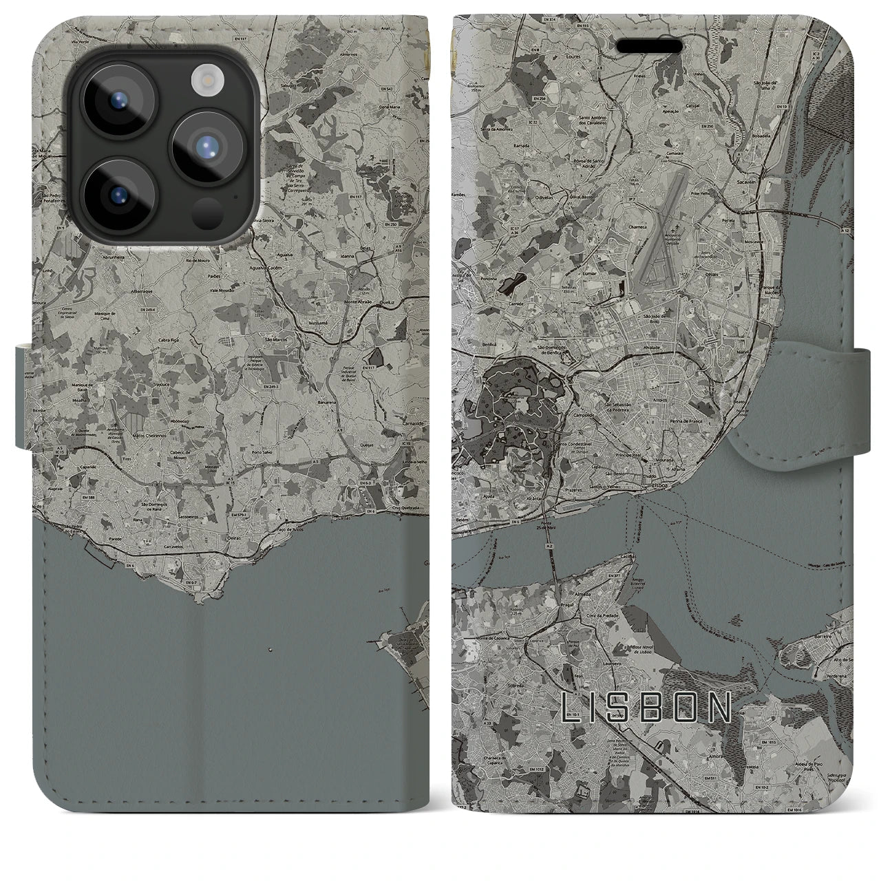 【リスボン(ポルトガル)】地図柄iPhoneケース(手帳タイプ)モノトーン・iPhone 15 Pro Max 用