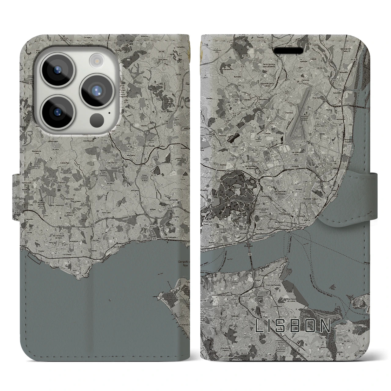 【リスボン(ポルトガル)】地図柄iPhoneケース(手帳タイプ)モノトーン・iPhone 15 Pro 用