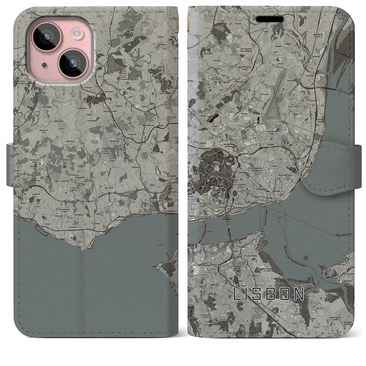 【リスボン(ポルトガル)】地図柄iPhoneケース(手帳タイプ)モノトーン・iPhone 15 Plus 用