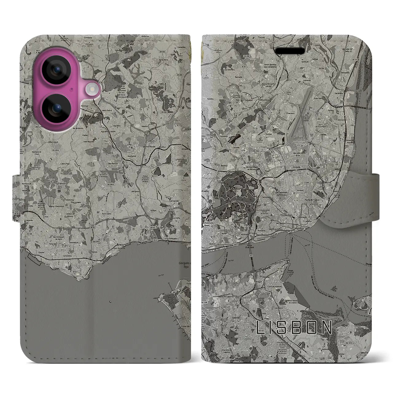 【リスボン(ポルトガル)】地図柄iPhoneケース(手帳タイプ)モノトーン・iPhone 16 Pro 用