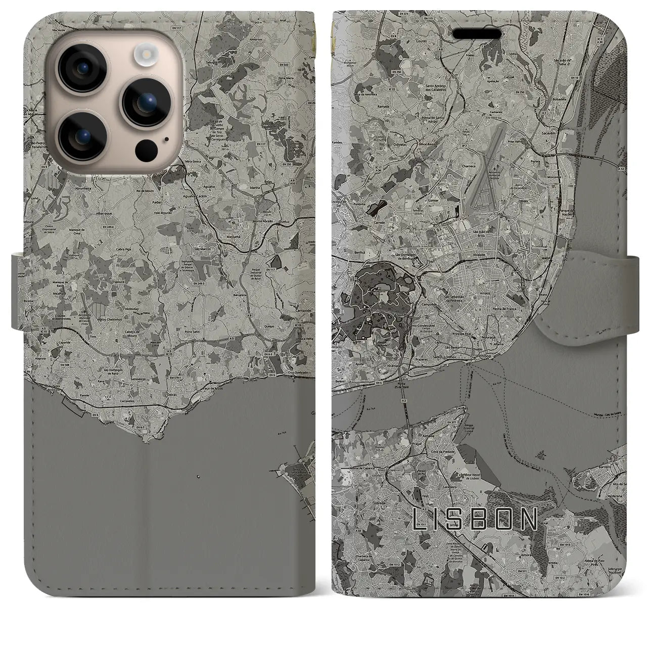 【リスボン(ポルトガル)】地図柄iPhoneケース(手帳タイプ)モノトーン・iPhone 16 Plus 用