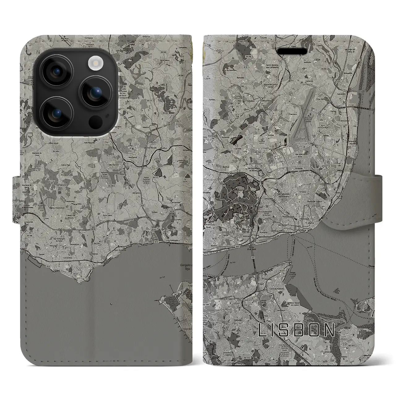 【リスボン(ポルトガル)】地図柄iPhoneケース(手帳タイプ)モノトーン・iPhone 16 用