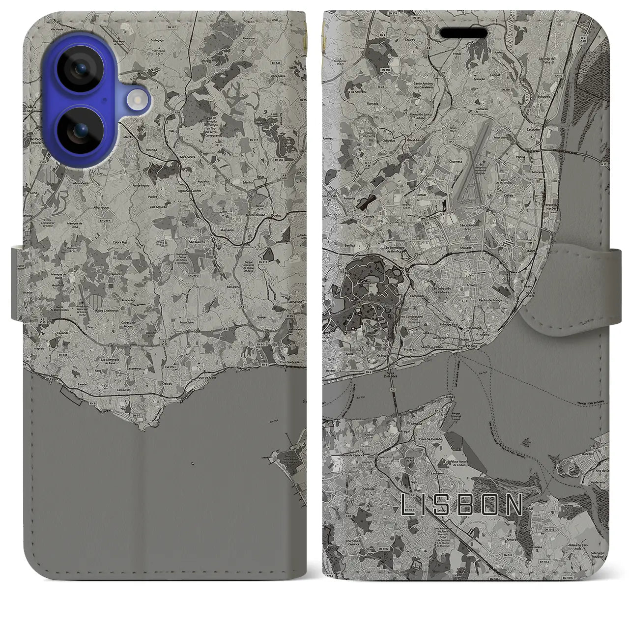 【リスボン(ポルトガル)】地図柄iPhoneケース(手帳タイプ)モノトーン・iPhone 16 Pro Max 用