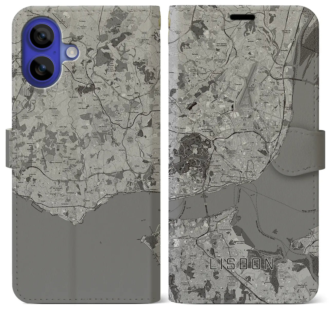 【リスボン(ポルトガル)】地図柄iPhoneケース(手帳タイプ)モノトーン・iPhone 16 Pro Max 用