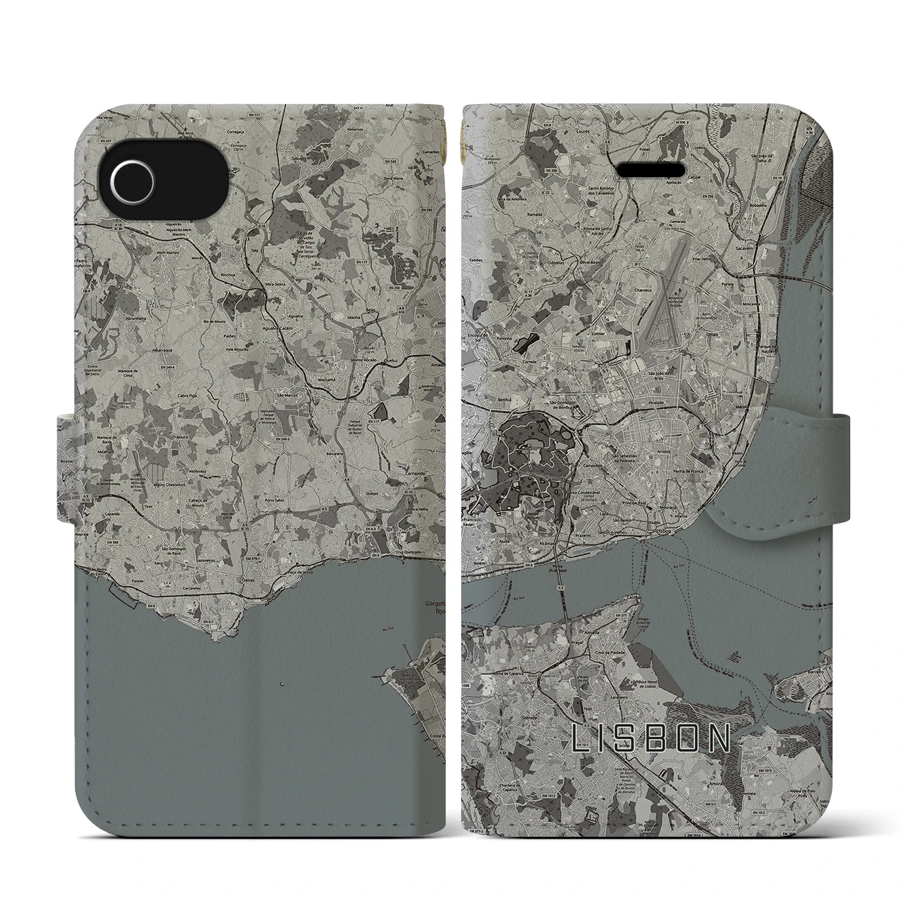 【リスボン(ポルトガル)】地図柄iPhoneケース(手帳タイプ)モノトーン・iPhone SE(第3 / 第2世代) / 8 / 7 / 6s / 6 用