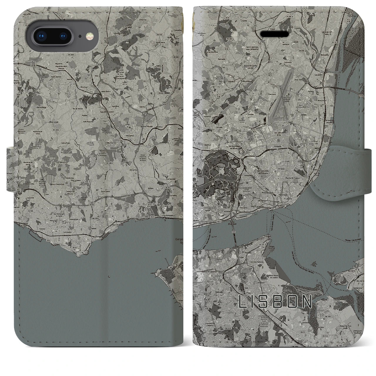 【リスボン(ポルトガル)】地図柄iPhoneケース(手帳タイプ)モノトーン・iPhone 8Plus /7Plus / 6sPlus / 6Plus 用