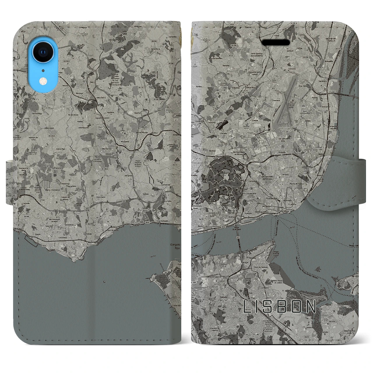 【リスボン(ポルトガル)】地図柄iPhoneケース(手帳タイプ)モノトーン・iPhone XR 用
