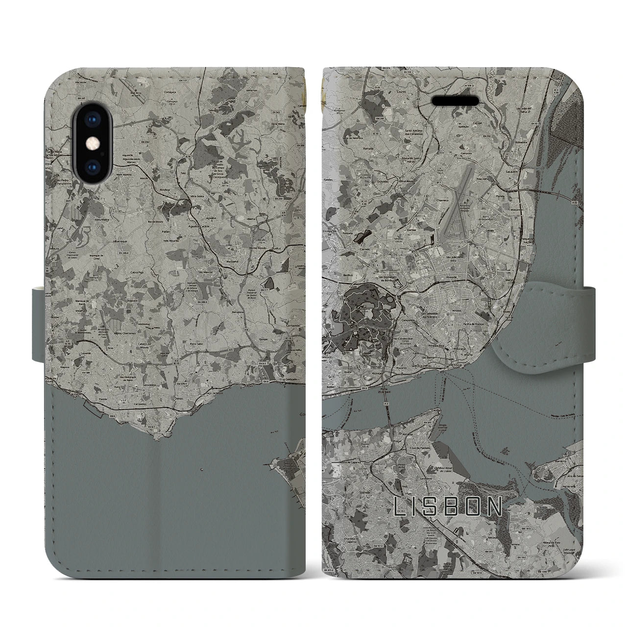 【リスボン(ポルトガル)】地図柄iPhoneケース(手帳タイプ)モノトーン・iPhone XS / X 用