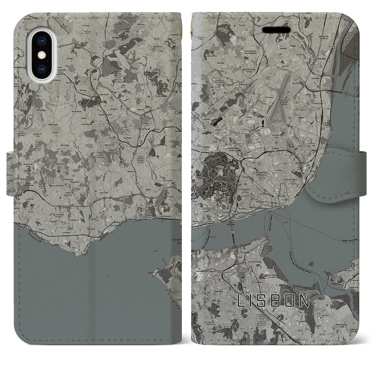 【リスボン(ポルトガル)】地図柄iPhoneケース(手帳タイプ)モノトーン・iPhone XS Max 用