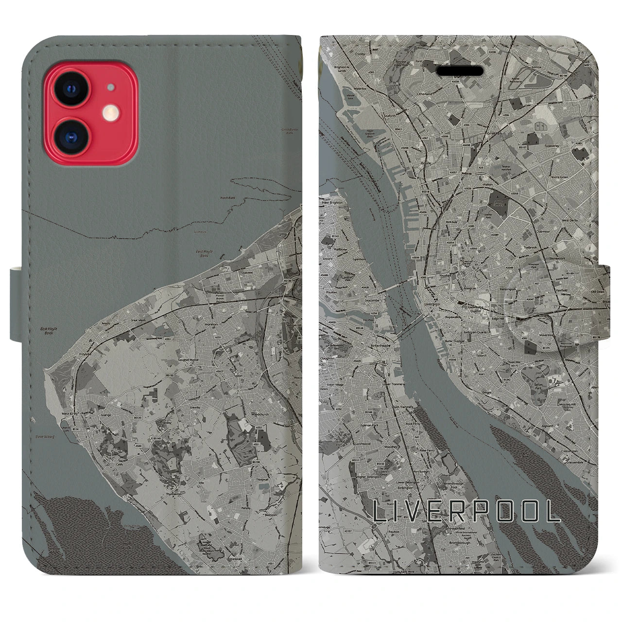 【リヴァプール(イギリス)】地図柄iPhoneケース(手帳タイプ)モノトーン・iPhone 11 用