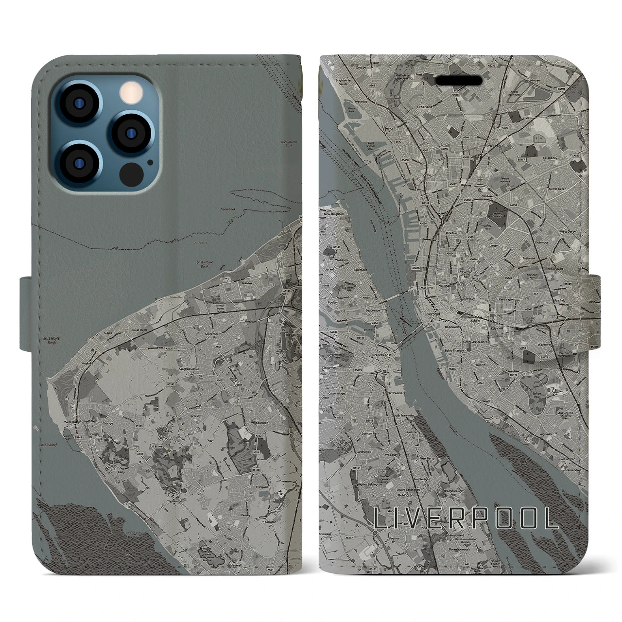 【リヴァプール(イギリス)】地図柄iPhoneケース(手帳タイプ)モノトーン・iPhone 12 / 12 Pro 用