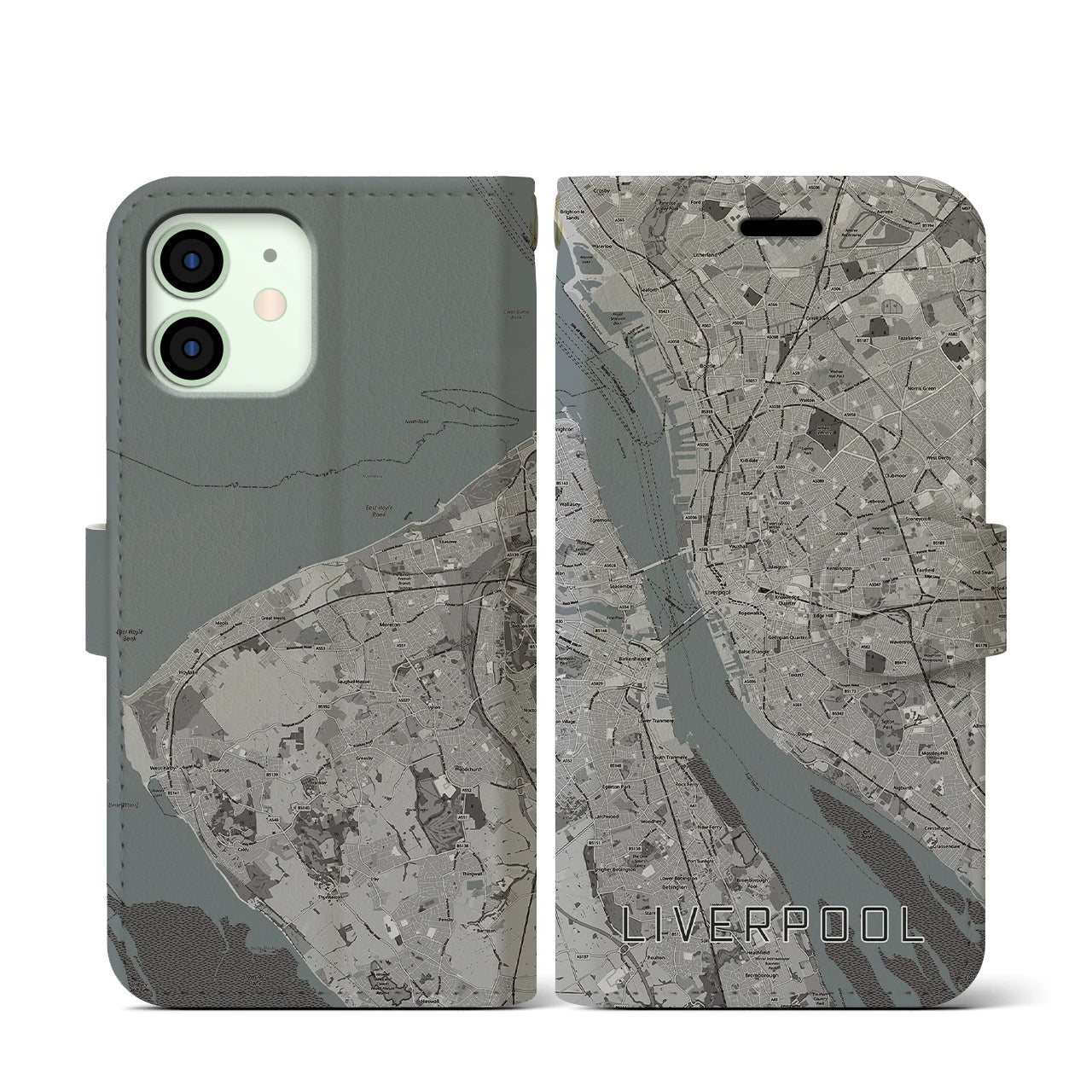 【リヴァプール(イギリス)】地図柄iPhoneケース(手帳タイプ)モノトーン・iPhone 12 mini 用