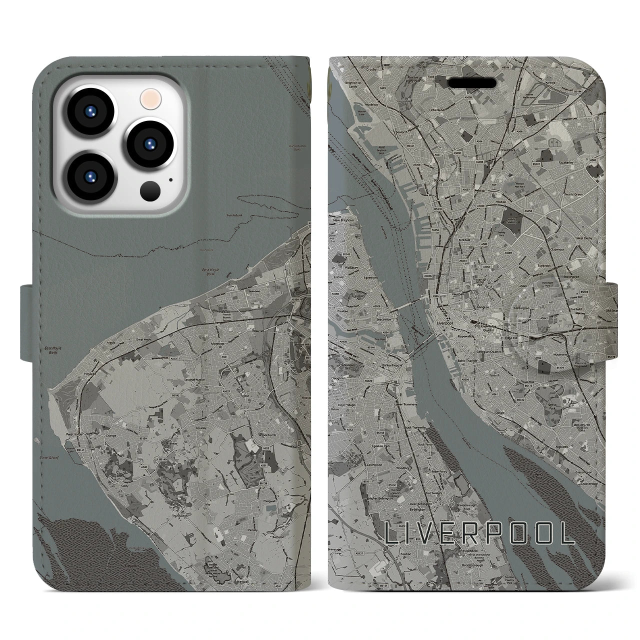【リヴァプール(イギリス)】地図柄iPhoneケース(手帳タイプ)モノトーン・iPhone 13 Pro 用