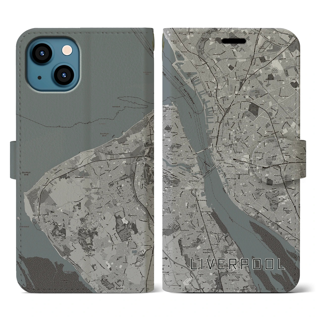 【リヴァプール(イギリス)】地図柄iPhoneケース(手帳タイプ)モノトーン・iPhone 13 用