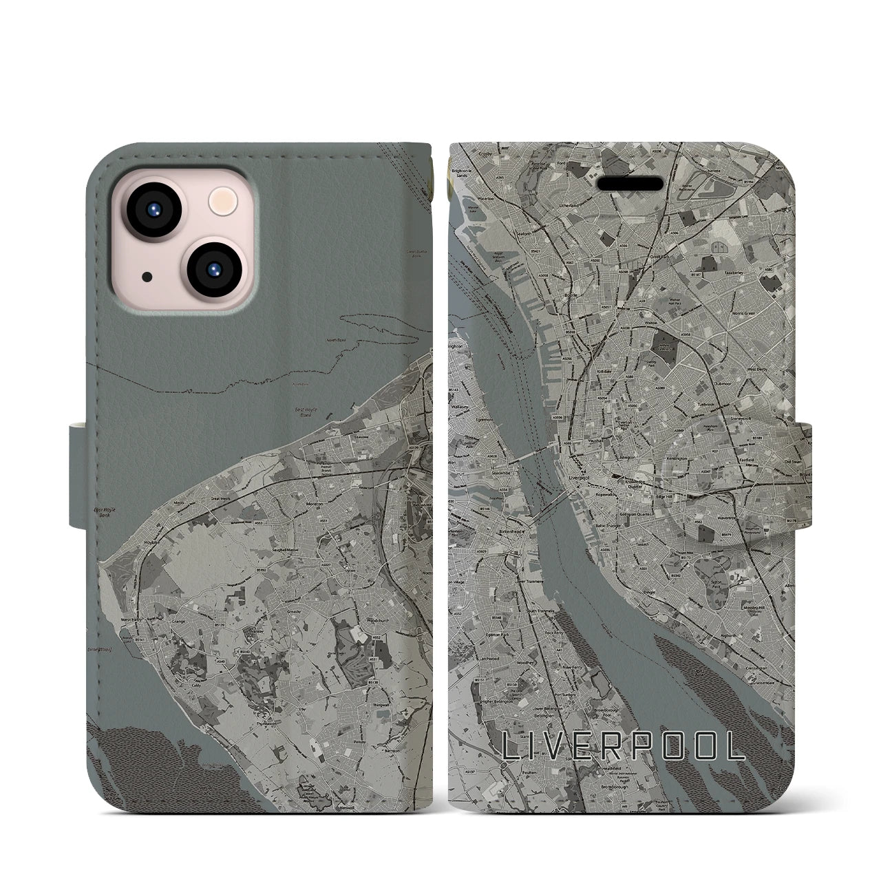 【リヴァプール(イギリス)】地図柄iPhoneケース(手帳タイプ)モノトーン・iPhone 13 mini 用