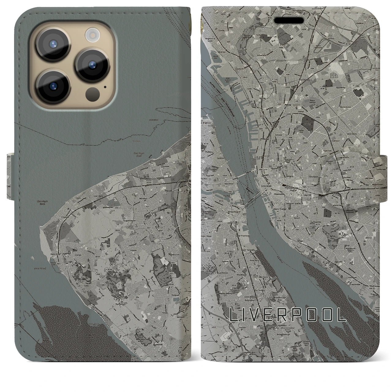 【リヴァプール(イギリス)】地図柄iPhoneケース(手帳タイプ)モノトーン・iPhone 14 Pro Max 用