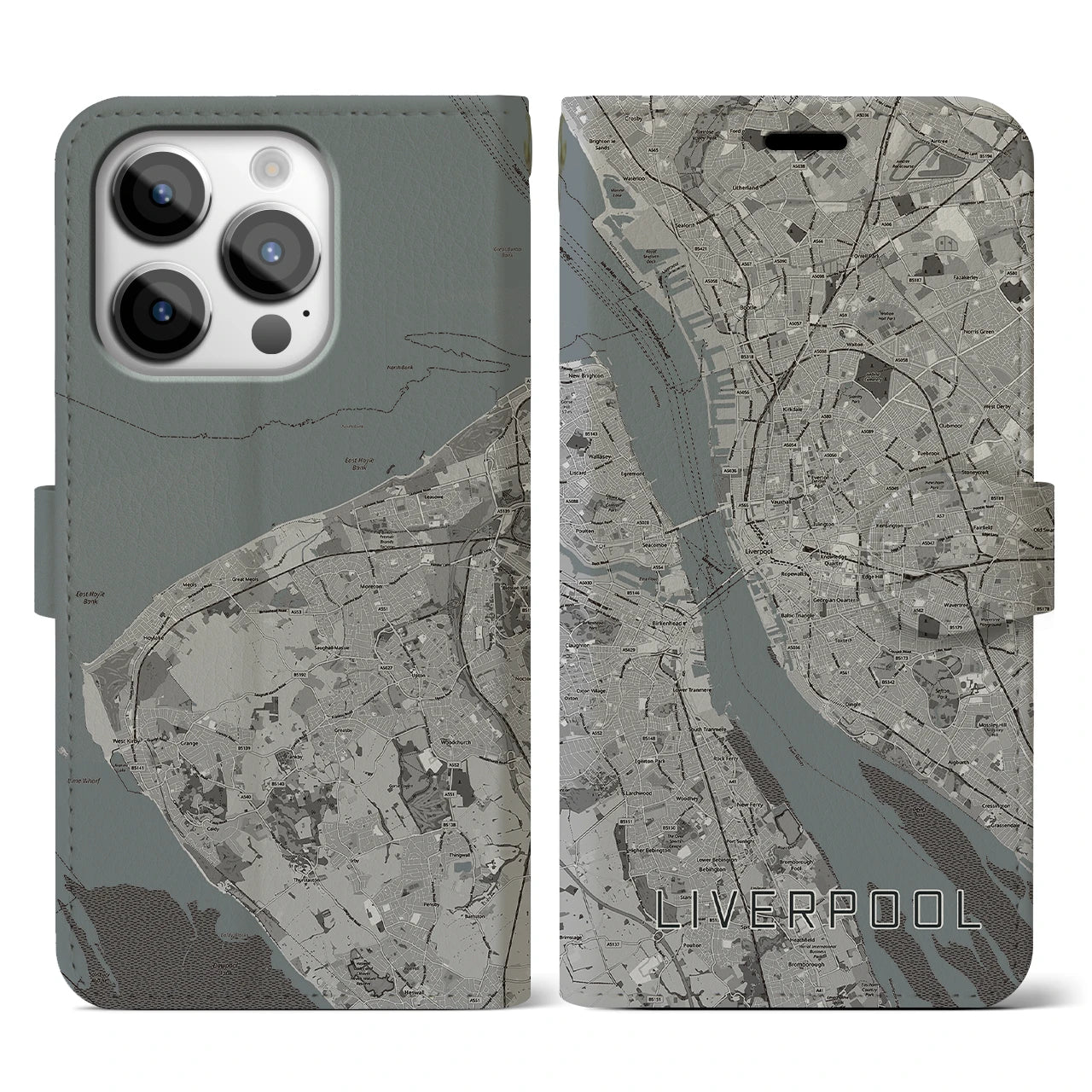【リヴァプール(イギリス)】地図柄iPhoneケース(手帳タイプ)モノトーン・iPhone 14 Pro 用