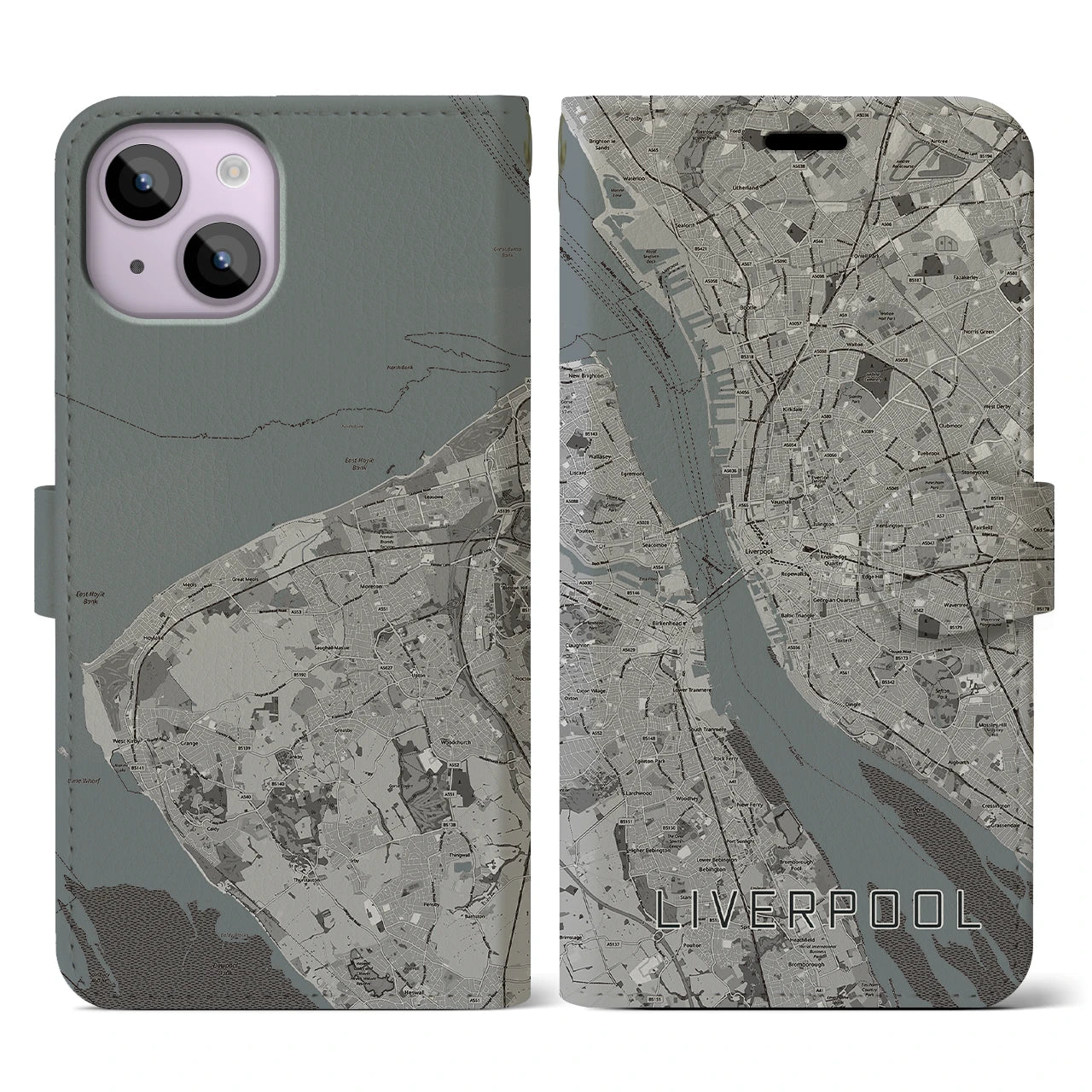 【リヴァプール(イギリス)】地図柄iPhoneケース(手帳タイプ)モノトーン・iPhone 14 用