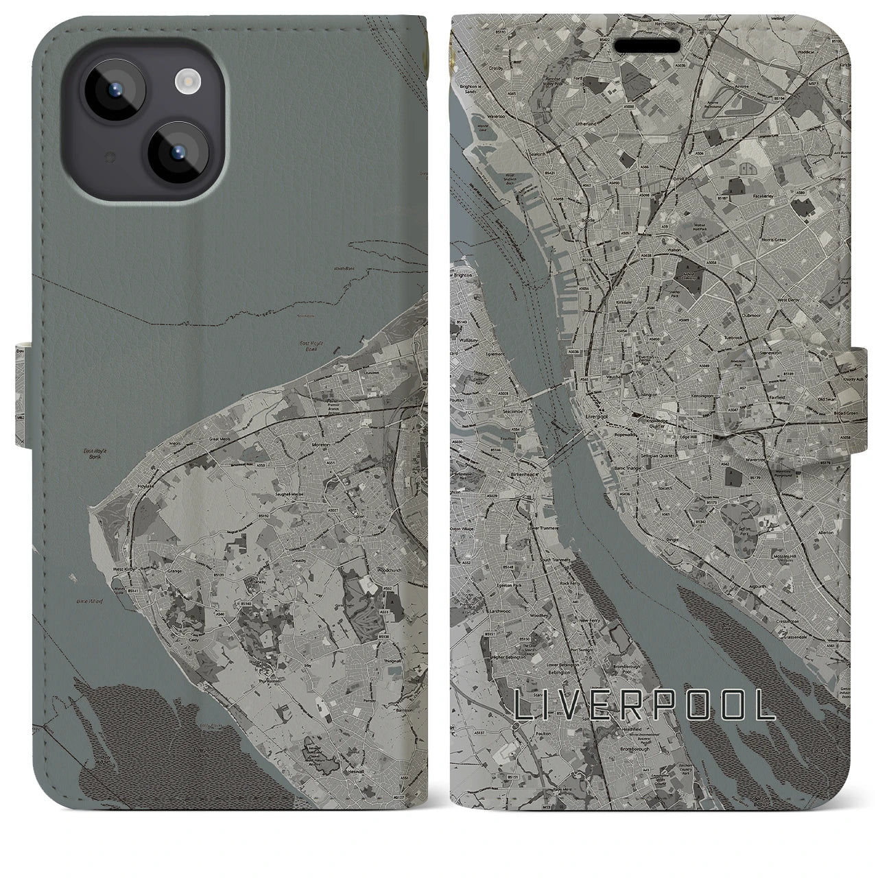 【リヴァプール(イギリス)】地図柄iPhoneケース(手帳タイプ)モノトーン・iPhone 14 Plus 用