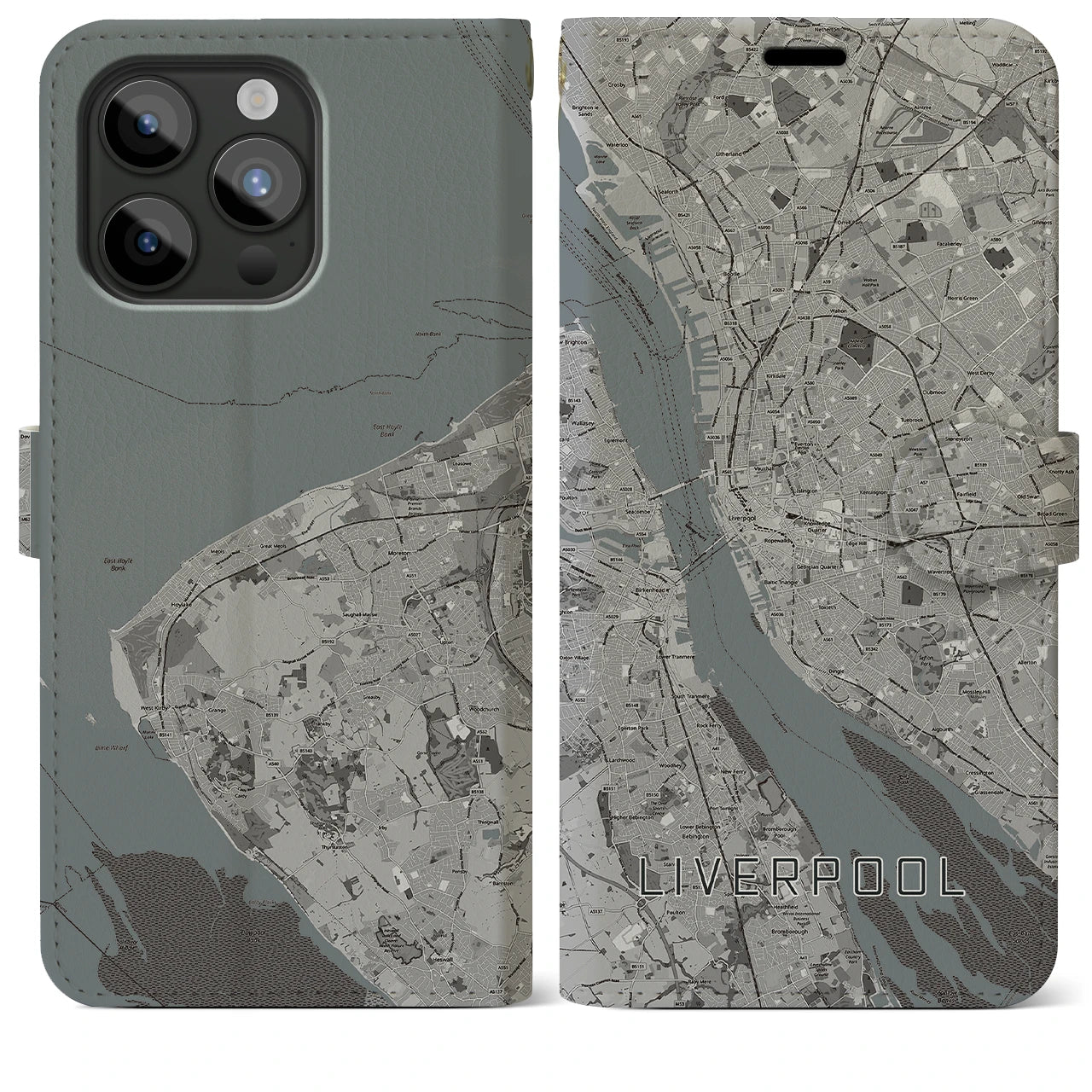 【リヴァプール(イギリス)】地図柄iPhoneケース(手帳タイプ)モノトーン・iPhone 15 Pro Max 用