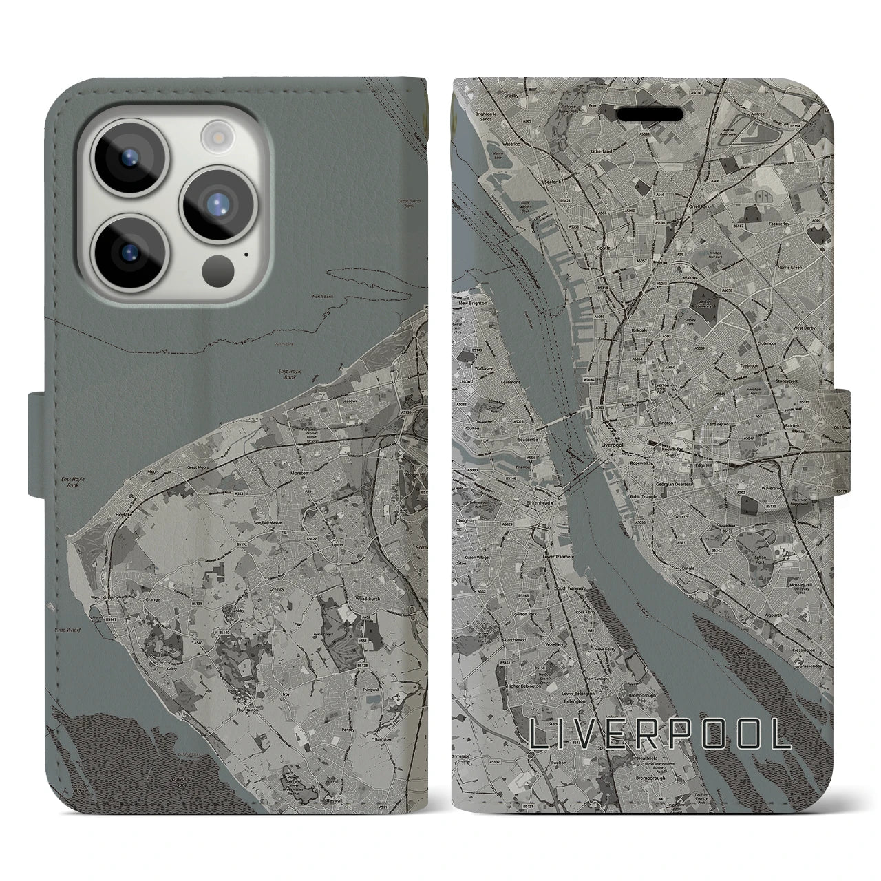 【リヴァプール(イギリス)】地図柄iPhoneケース(手帳タイプ)モノトーン・iPhone 15 Pro 用
