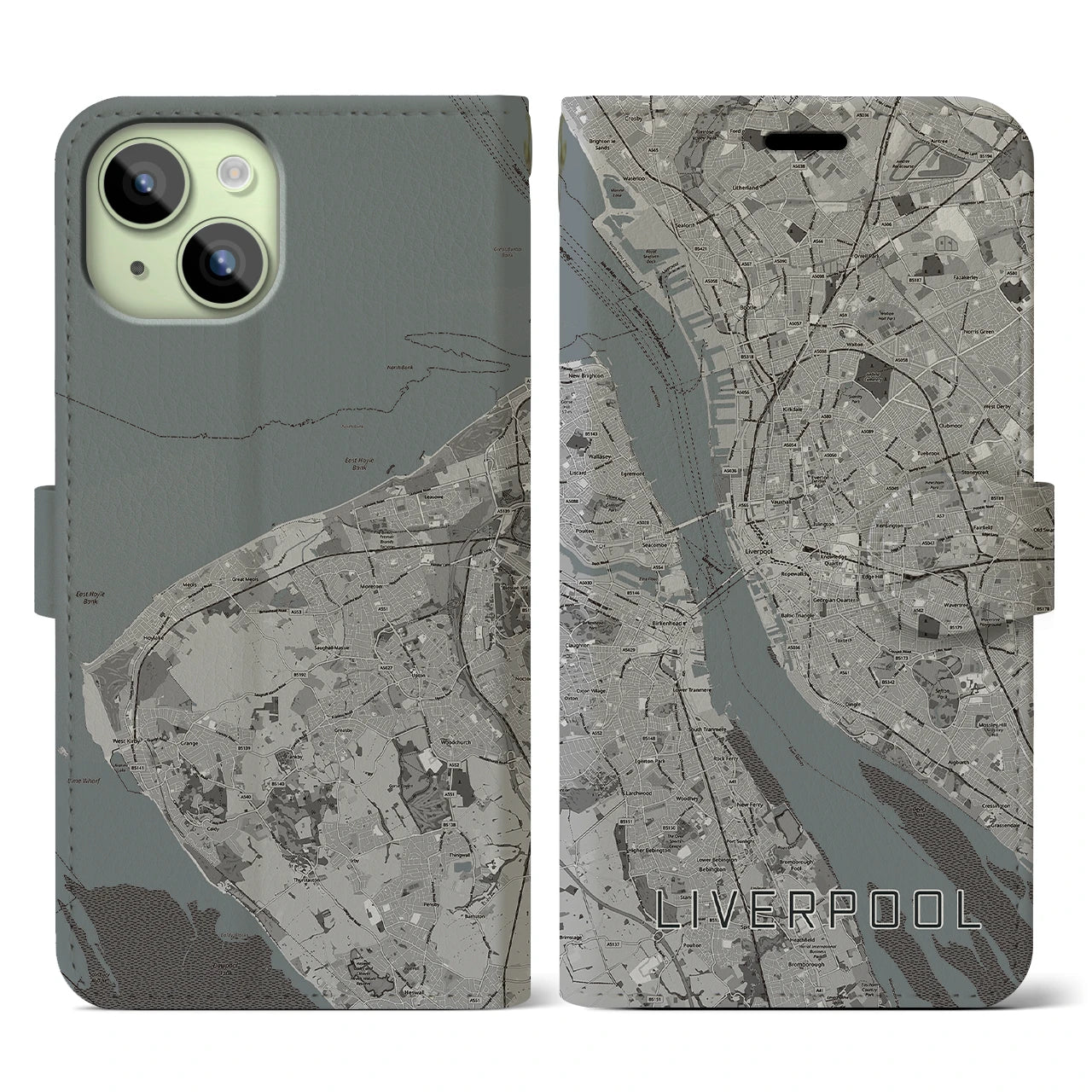 【リヴァプール(イギリス)】地図柄iPhoneケース(手帳タイプ)モノトーン・iPhone 15 用