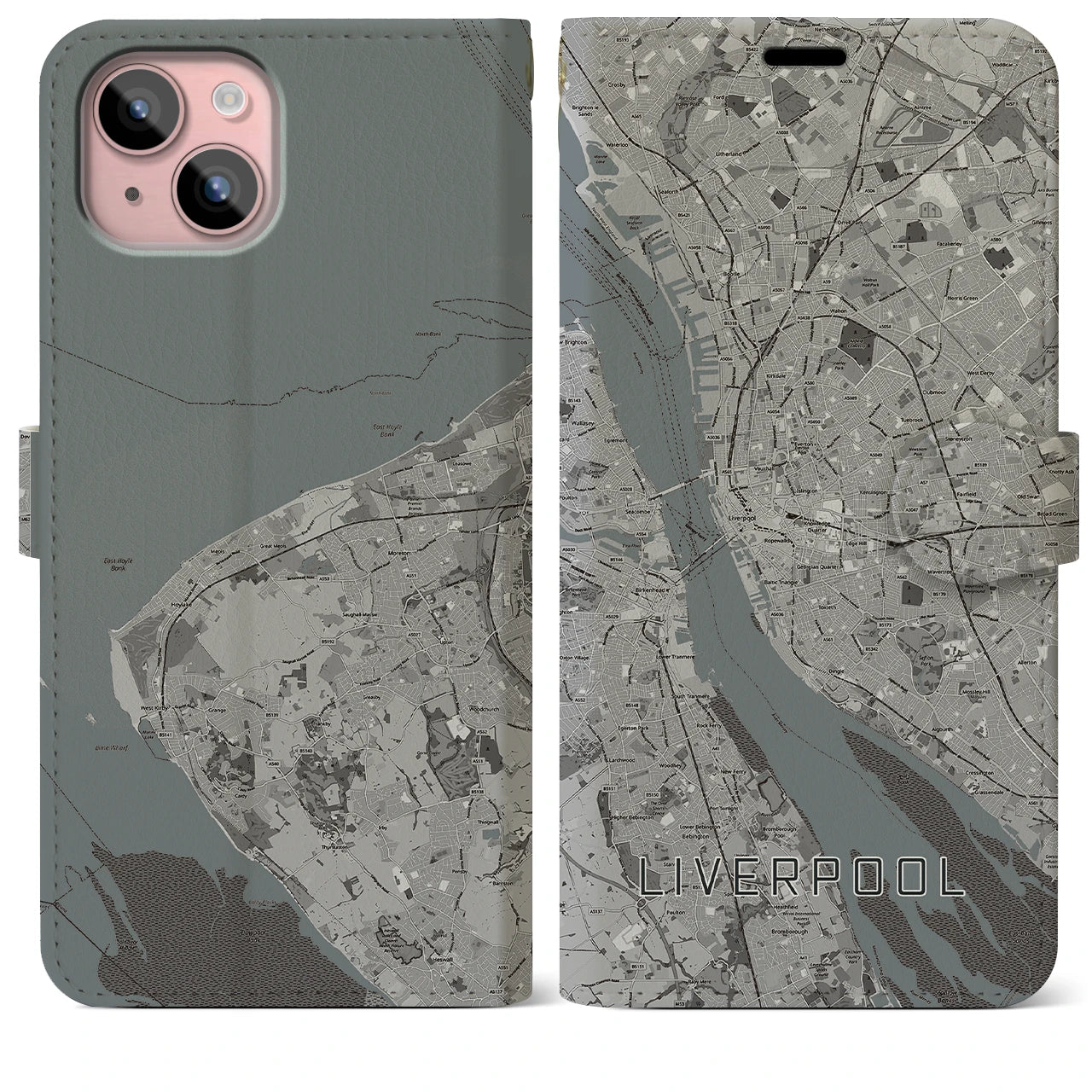 【リヴァプール(イギリス)】地図柄iPhoneケース(手帳タイプ)モノトーン・iPhone 15 Plus 用