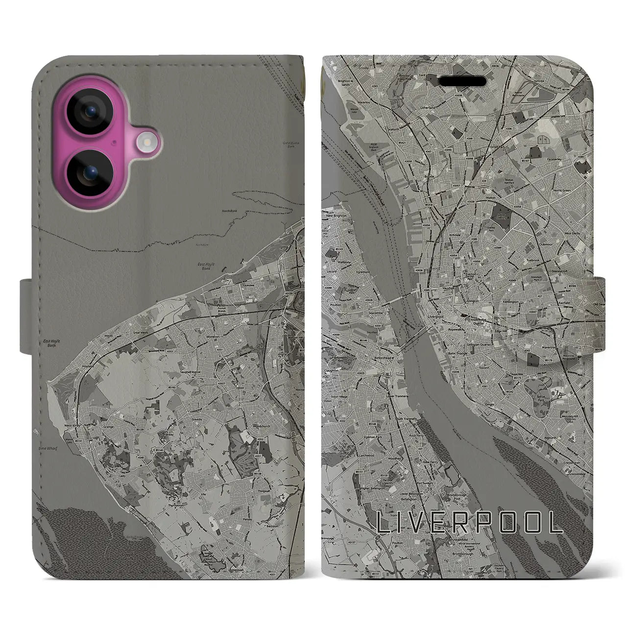 【リヴァプール(イギリス)】地図柄iPhoneケース(手帳タイプ)モノトーン・iPhone 16 Pro 用