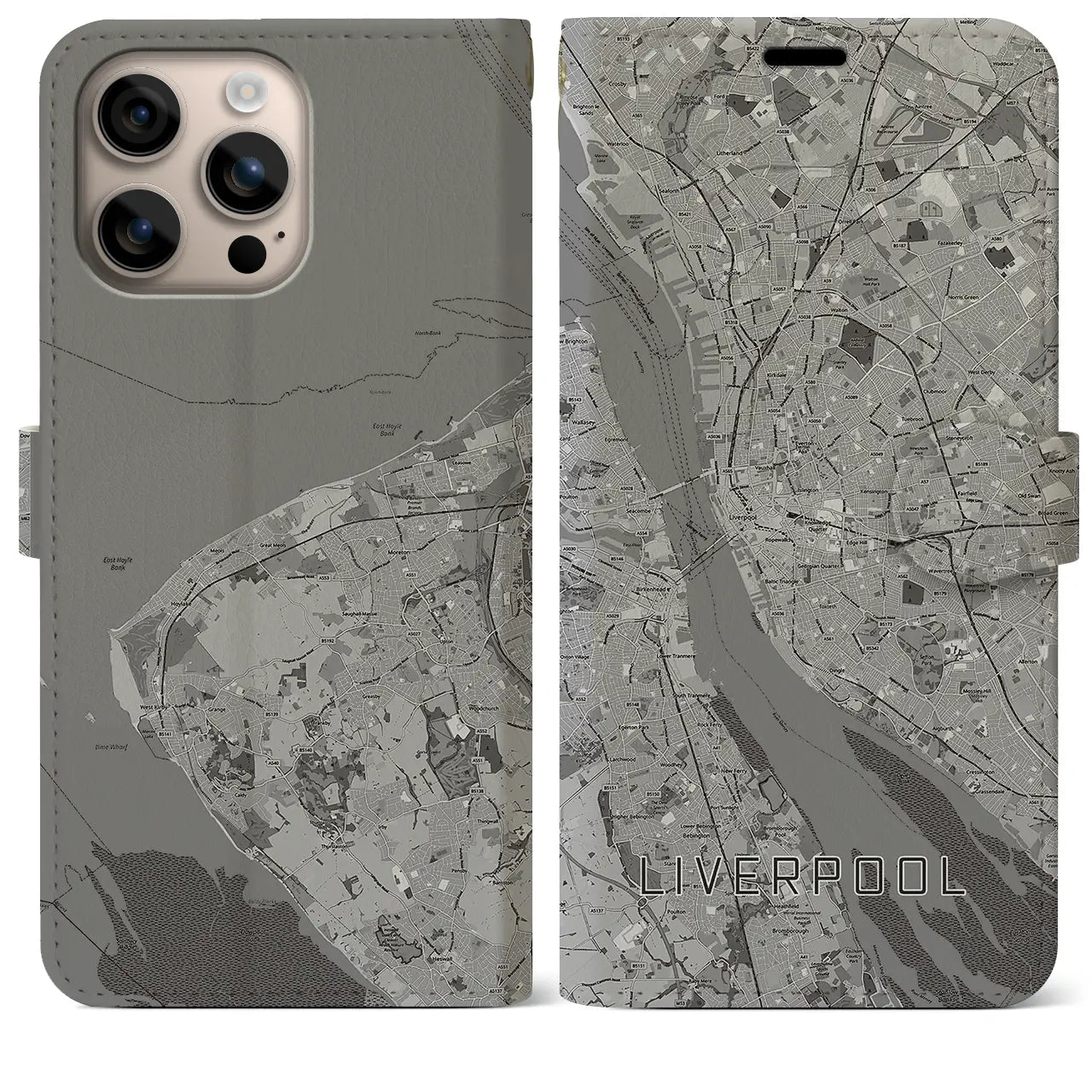 【リヴァプール(イギリス)】地図柄iPhoneケース(手帳タイプ)モノトーン・iPhone 16 Plus 用