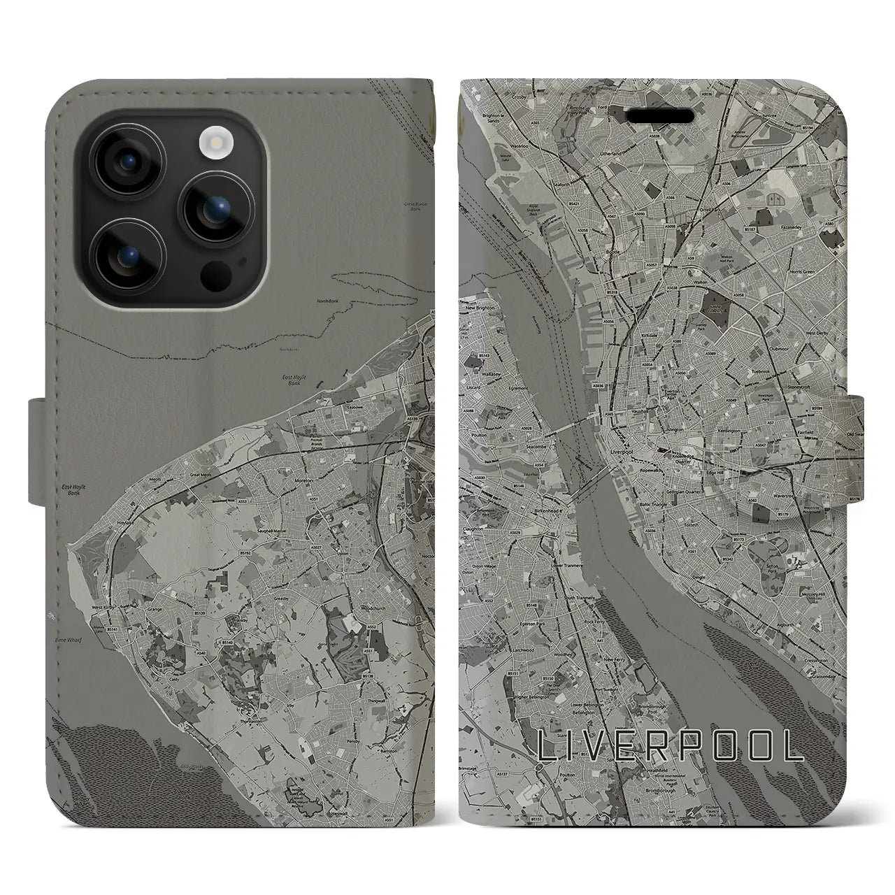 【リヴァプール(イギリス)】地図柄iPhoneケース(手帳タイプ)モノトーン・iPhone 16 用